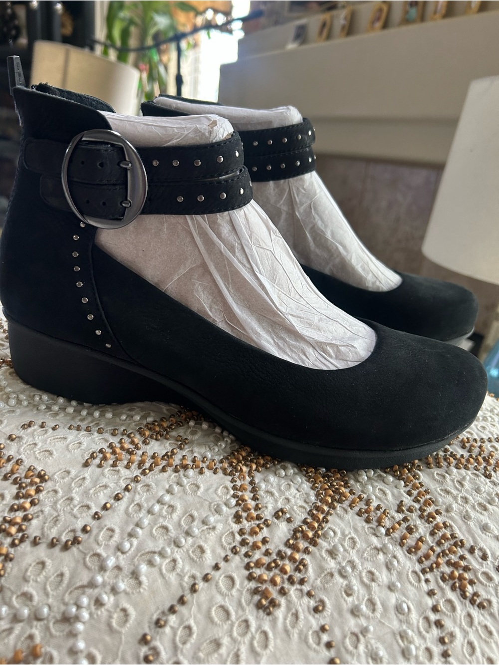 Dansko women’s Black Suede Mary Jane wedges with Studded Strap size 10.